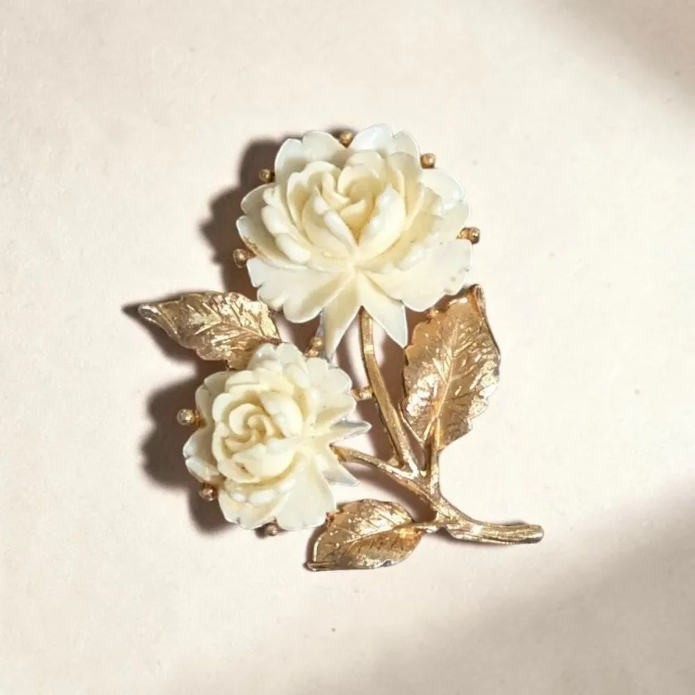 Vintage Style Ivory Rose Brooch, Gold Tone Floral Pin, Cottagecore Jewelry